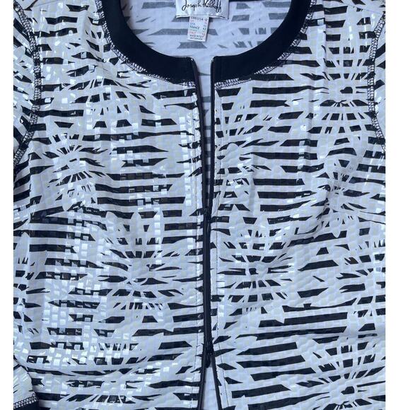 Joseph Ribkoff Full Zip Vinyl Shimmer Striped Floral Jacket Black White Size 12 - Picture 5 of 15